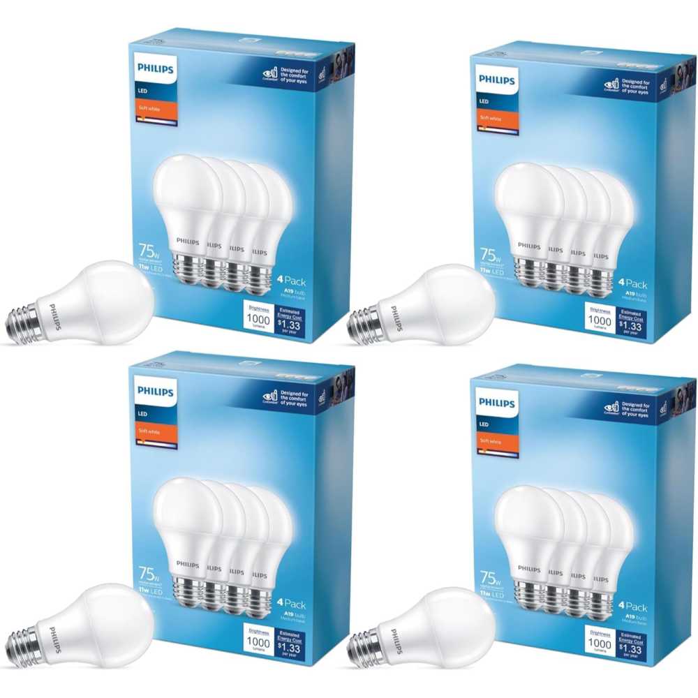 16-Pack Philips A19 11W LED Light Bulbs (1000 Lumens, 2700K)