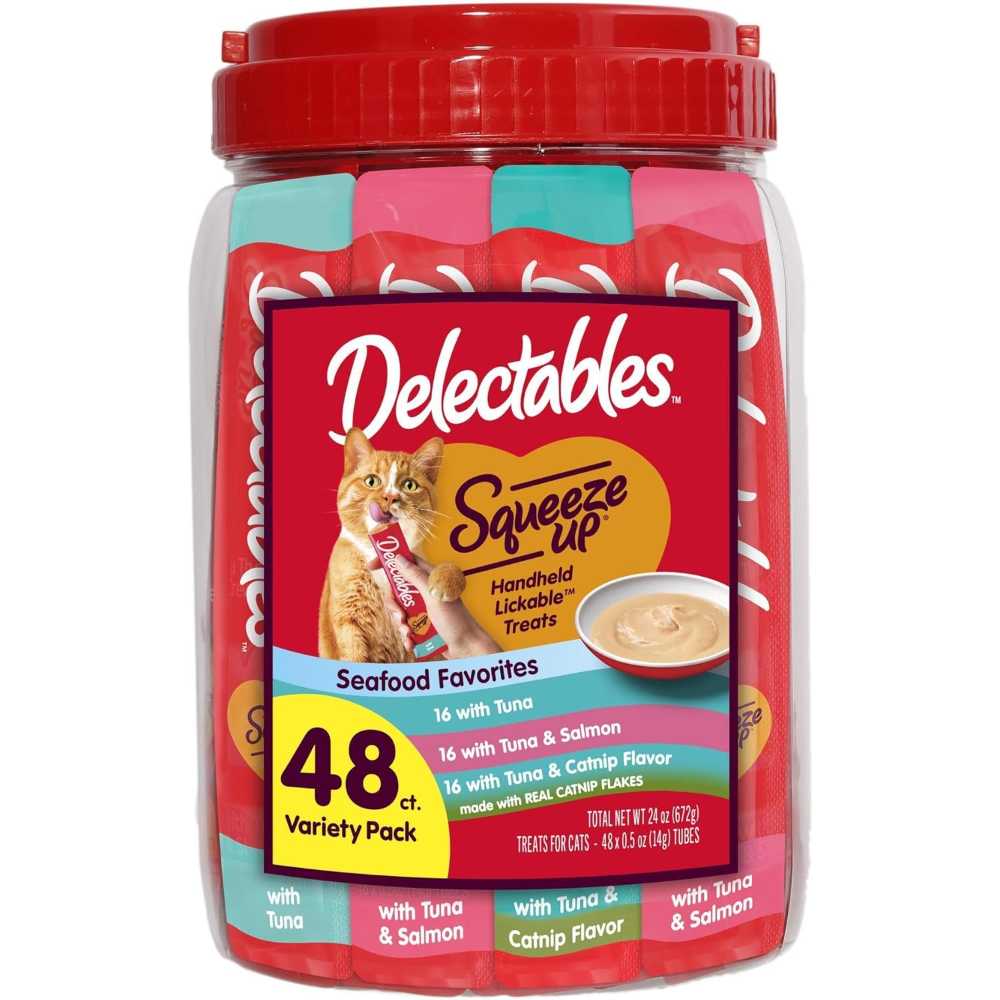 48-Pack Delectables Squeeze Up Cat Treats, 0.5 oz. (Tuna, Salmon, Catnip)