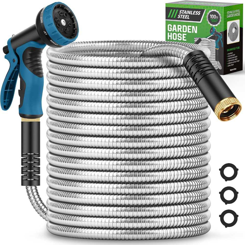 Advinski 100' Stainless Steel Garden Hose w/ 10 Function Nozzle