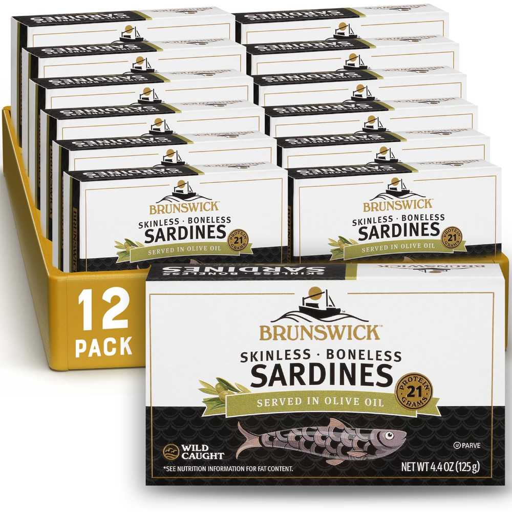 12-Pack Brunswick Wild Caught Skinless & Boneless Sardines in Olive Oil, 4.4 oz.