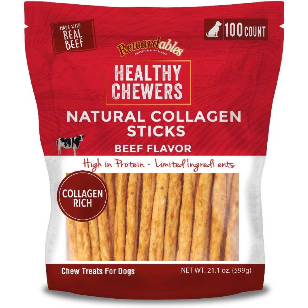 100-Pack Rewardables Healthy Chewers Natural Collagen & Beef Sticks for Dogs