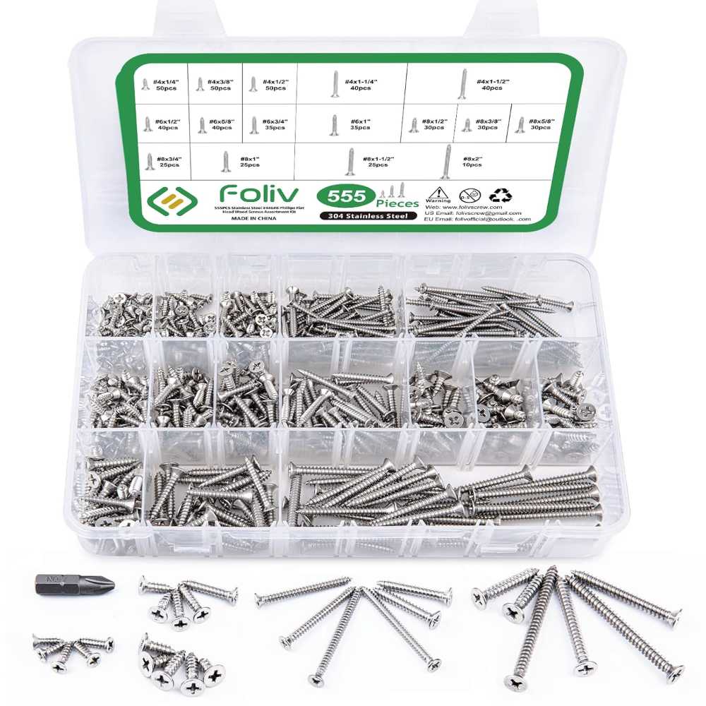 Foliv 555-Piece Stainless Steel Self-Tapping Wood Screw Assortment Kit