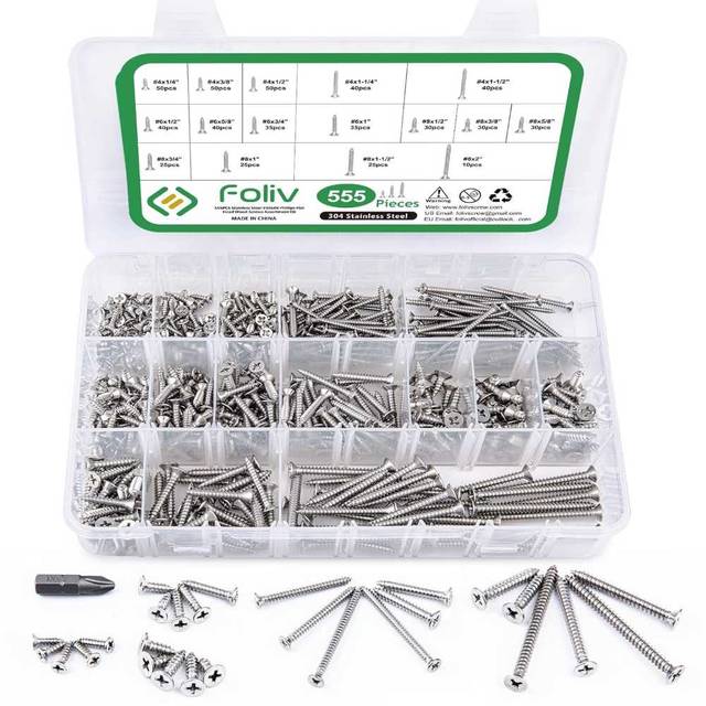 Foliv 555-Piece Stainless Steel Self-Tapping Wood Screw Assortment Kit
