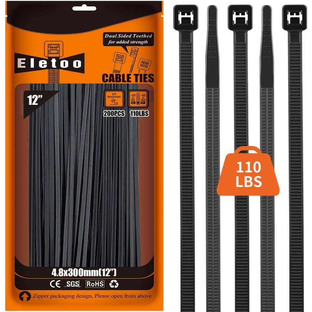 200-Pack Eletoo 12" 110 lb. Zip Ties