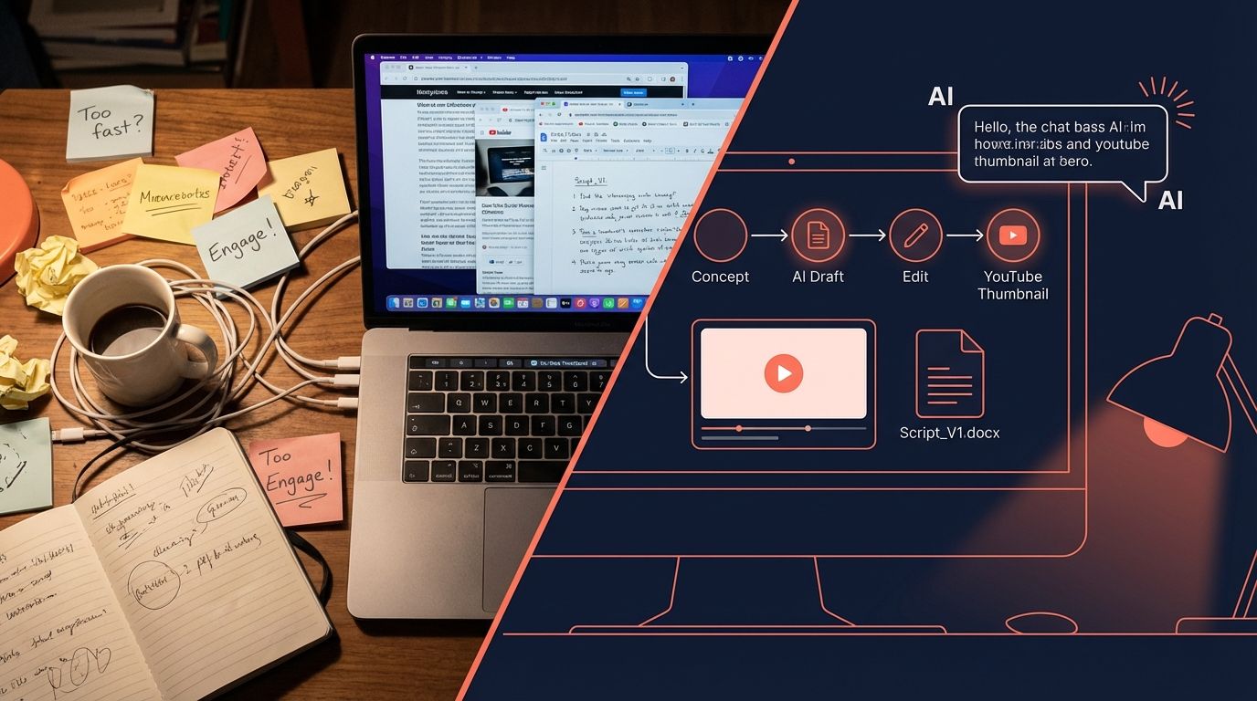 YouTube creator workspace with AI tools and research notes on a visual canvas