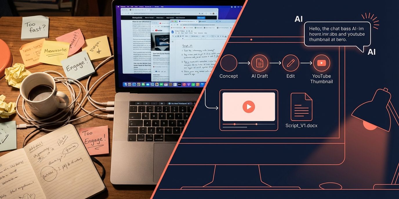 YouTube creator workspace with AI tools and research notes on a visual canvas