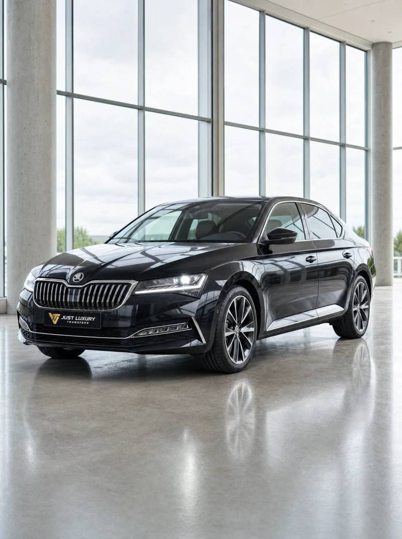 Black Skoda Superb — executive private transfer sedan, Just Luxury Transfers Agadir