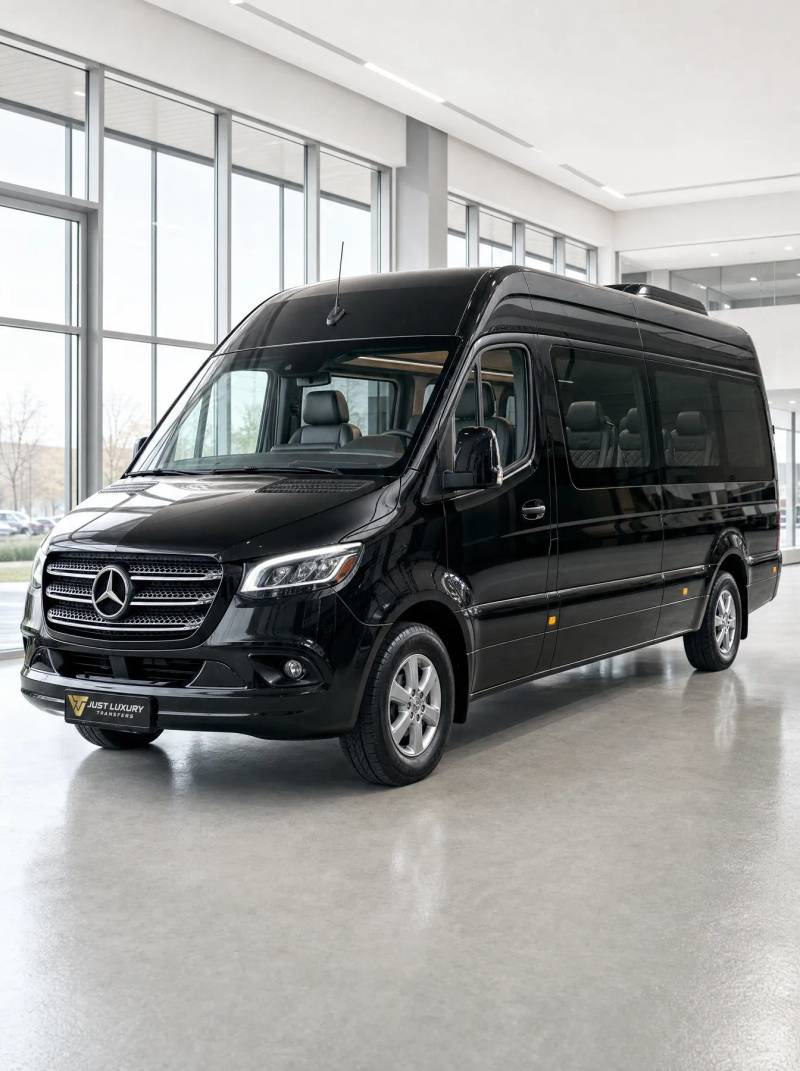 Black Mercedes Sprinter minibus — group transfers up to 18 passengers, Just Luxury Transfers Agadir