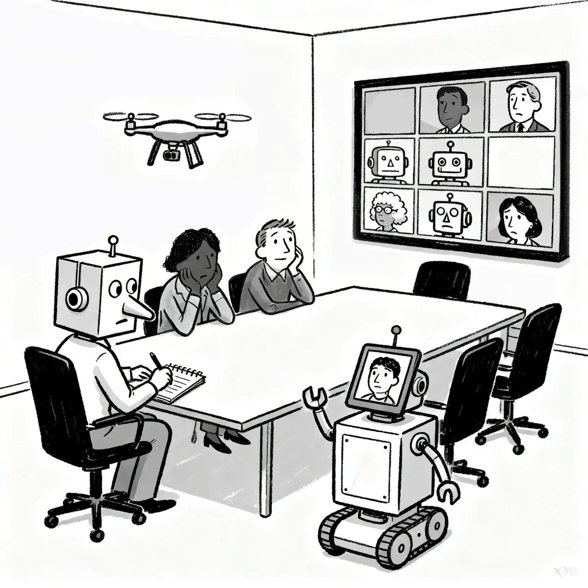 Editorial illustration of a boardroom with video conferencing and a drone camera