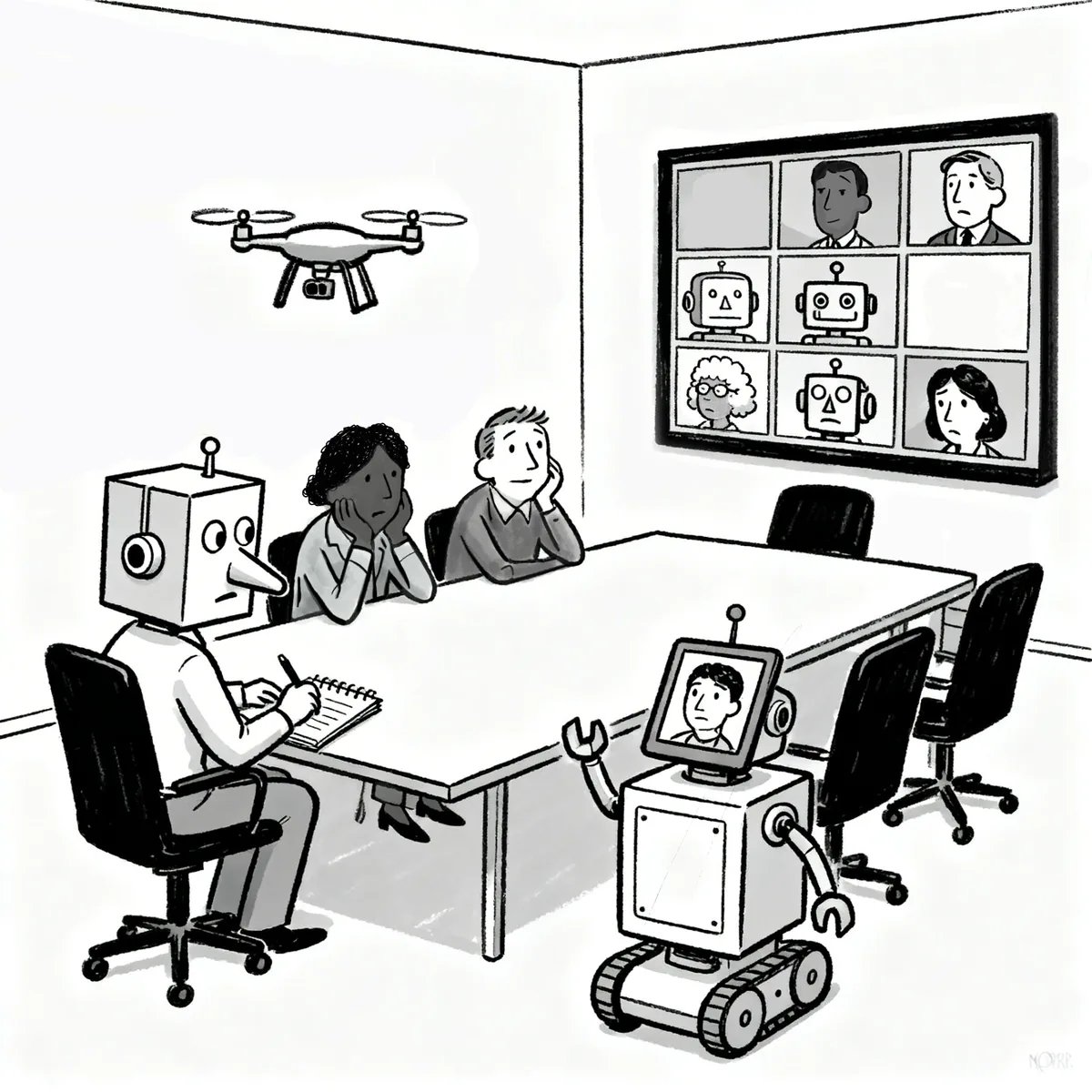 Editorial illustration of a boardroom with video conferencing and a drone camera