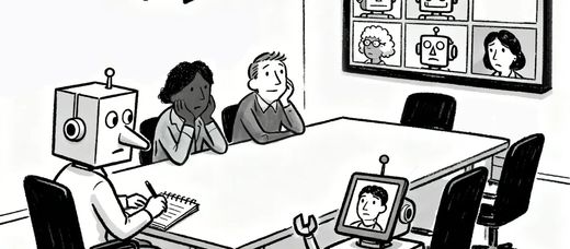 Editorial illustration of a boardroom with video conferencing and a drone camera