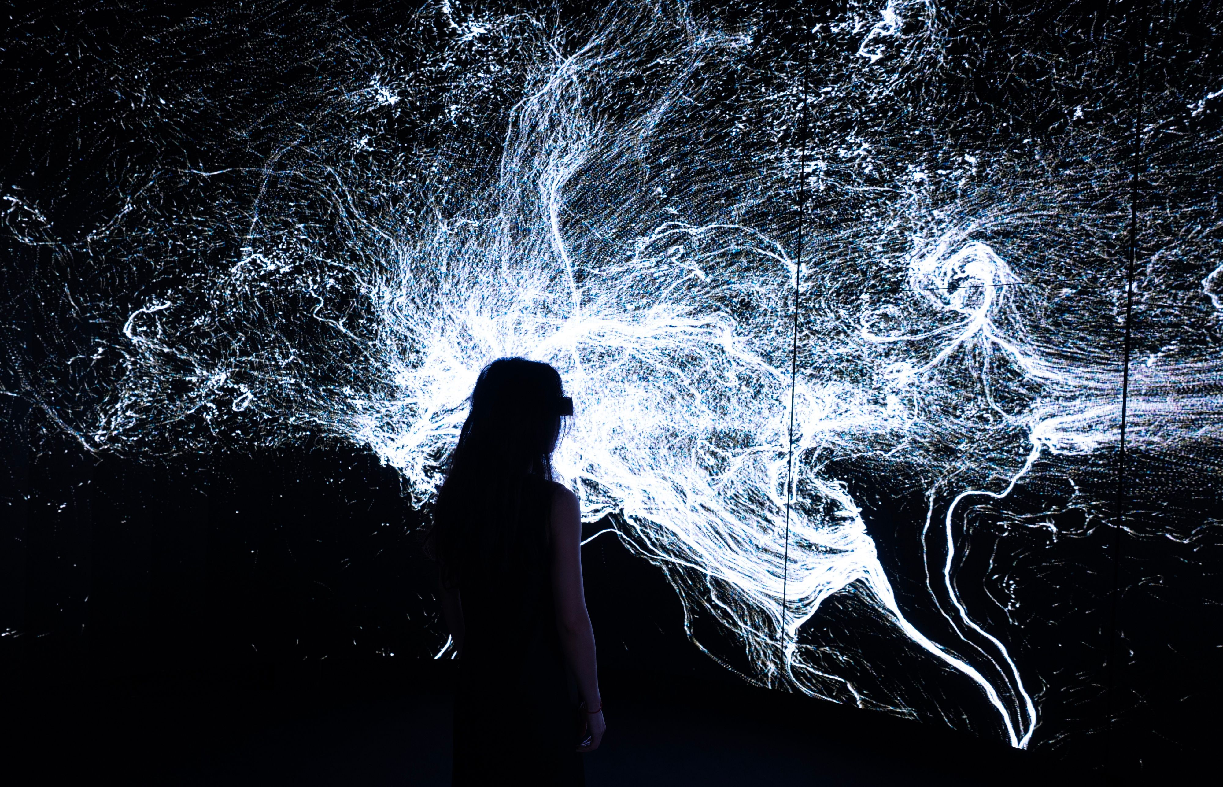 A visitor silhouetted against white traced lines of movement on the screen, Wayne McGregor, On The Other Earth, Stone Nest