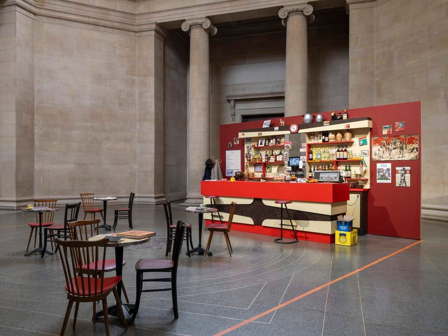 The 1960s Parisian café set in the Duveen Galleries, Zineb Sedira, When Words Fall Silent, Cinema Speaks…, Tate Britain