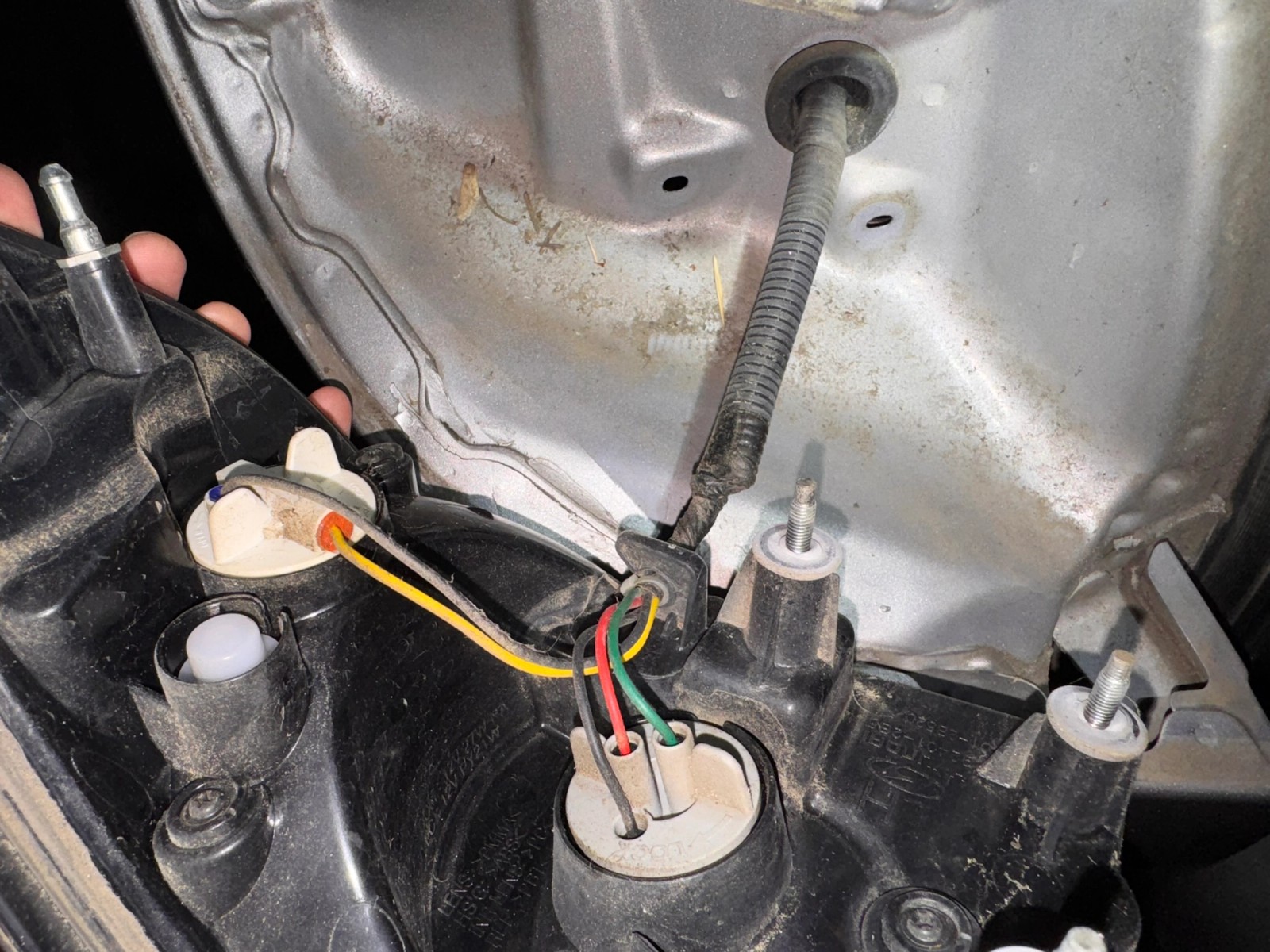 Bulb wiring and mounting studs on the back of the removed tail light