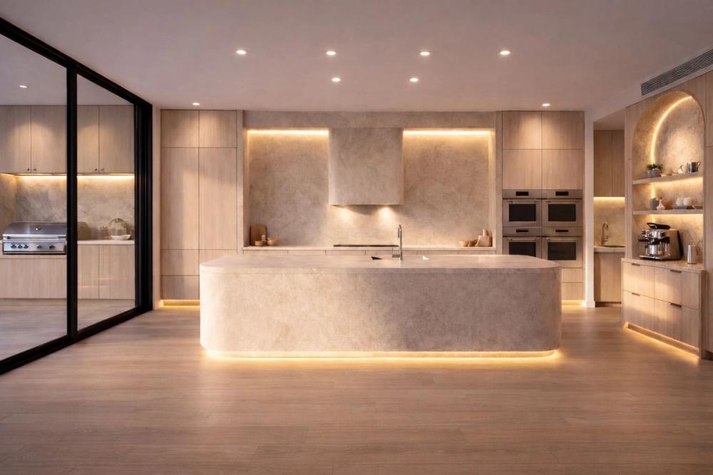 Designer kitchen with island bench and warm feature lighting, Ellis Close Residence, Sanctuary Lakes