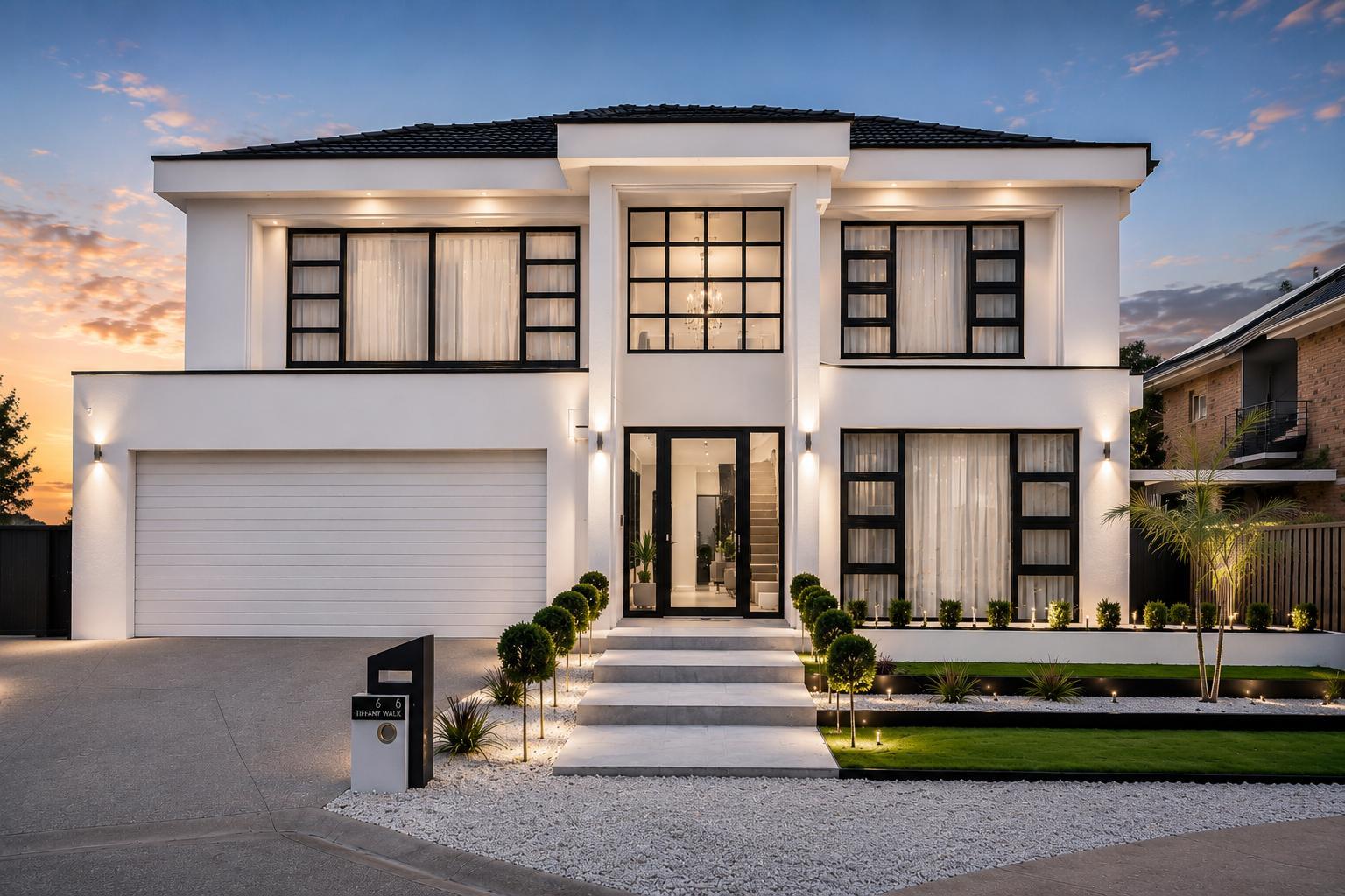 Light-rendered two-storey luxury home with full-height windows at dusk - Tiffany Walk Residence, Sanctuary Lakes, Melbourne