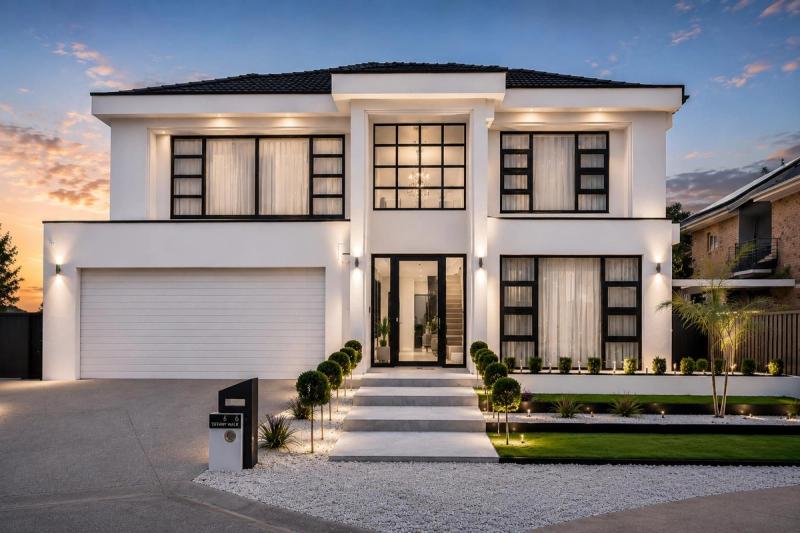 Light-rendered two-storey luxury home with full-height windows at dusk - Tiffany Walk Residence, Sanctuary Lakes, Melbourne