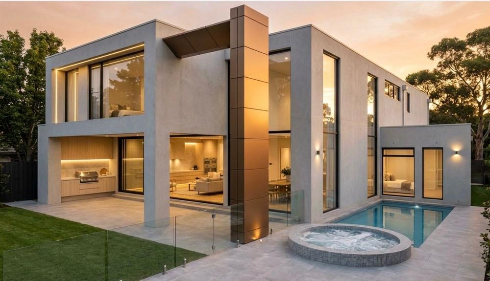 Rear exterior at dusk with a glass-fenced pool and spa and warm-lit interiors, Ellis Close Residence, Sanctuary Lakes