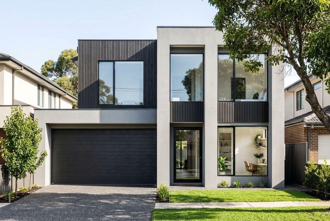 Double-storey custom home with render and timber cladding and black-framed windows - Fraser Rise Residence, Melbourne