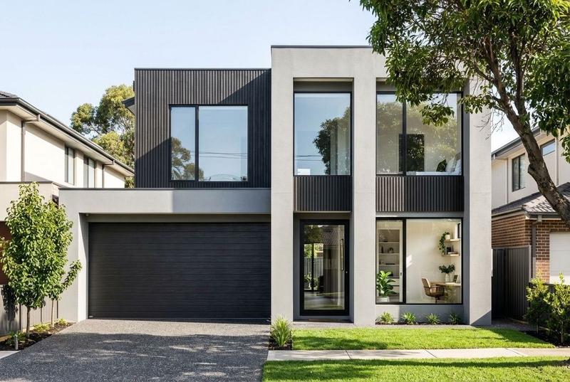 Double-storey custom home with render and timber cladding and black-framed windows - Fraser Rise Residence, Melbourne