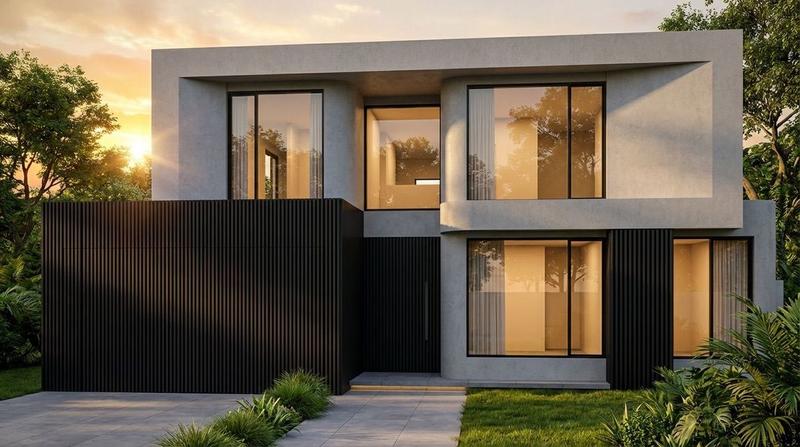 Dark timber-clad two-storey luxury home lit at dusk - Ellis Close Residence, Sanctuary Lakes, Melbourne