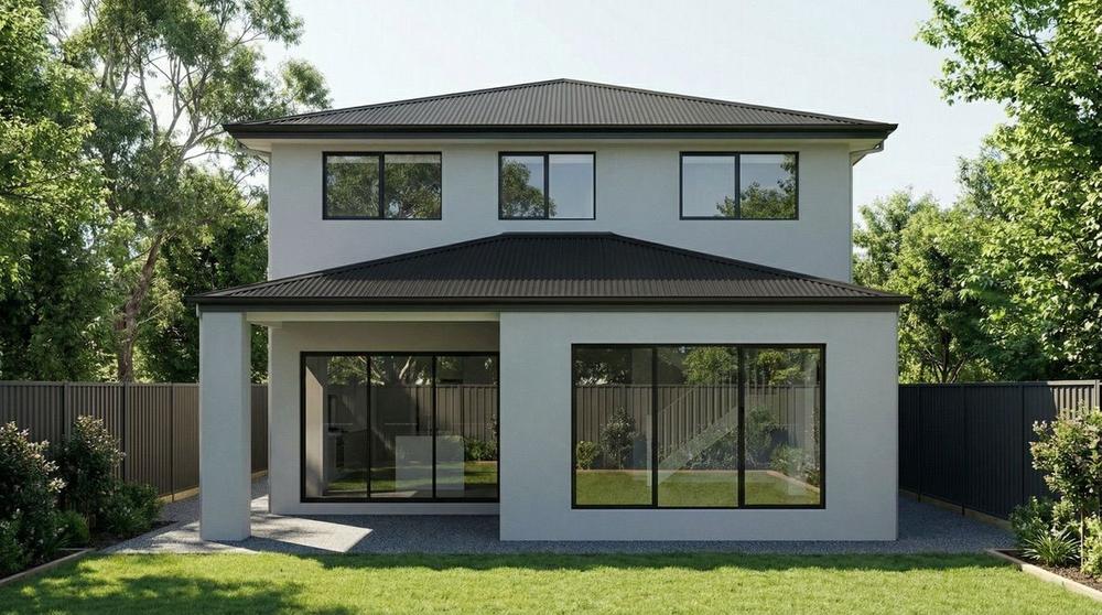 Rear elevation of the grey rendered two-storey home with large windows and a paved patio, Fraser Rise Residence