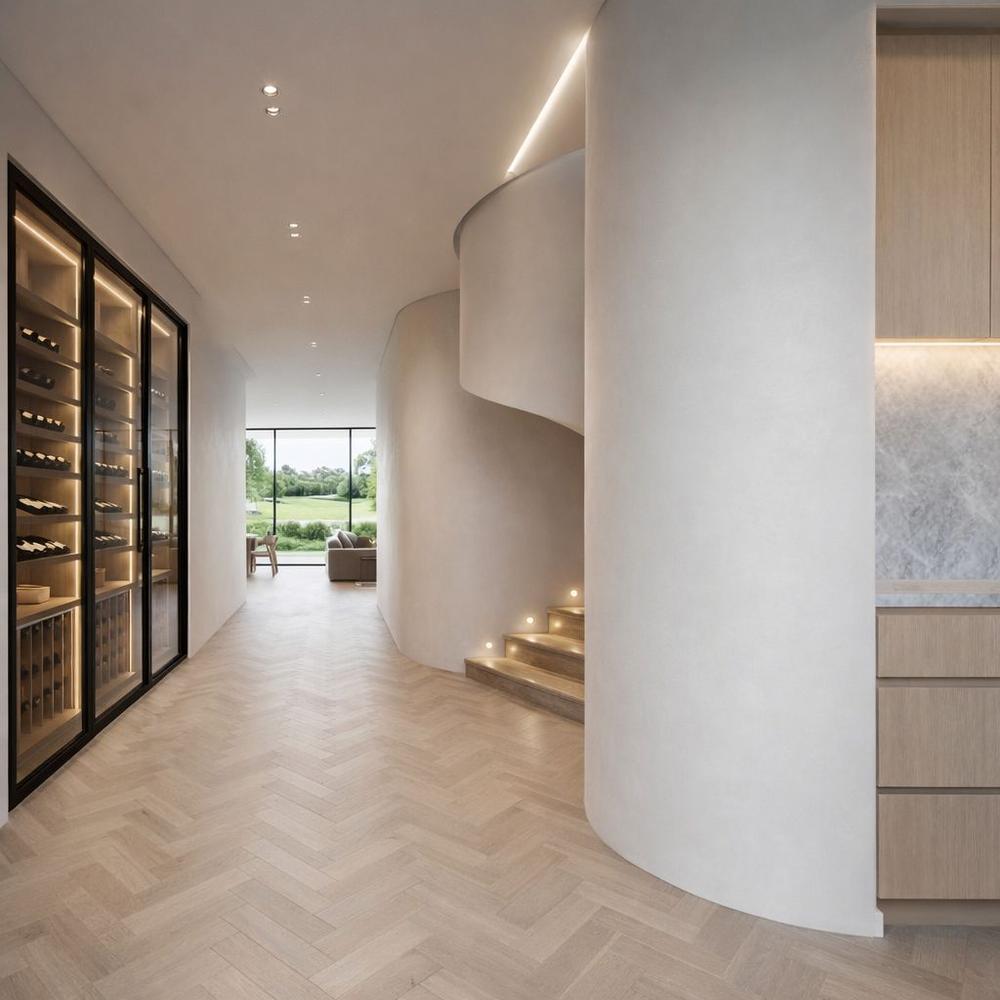 Sculptural curved staircase in a double-height void with herringbone floor, Ellis Close Residence, Melbourne