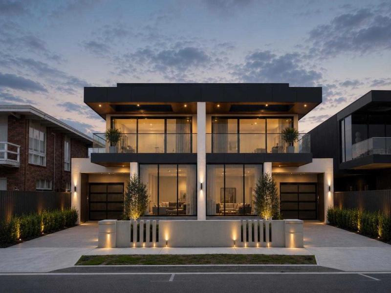 Two dark contemporary townhouses lit at dusk - Seaholme Residences, a multi-dwelling development by SIARI Build, Melbourne