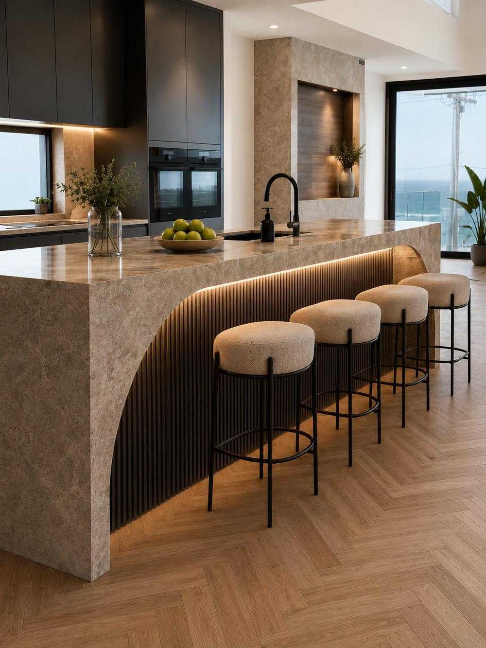 Entry with dark timber joinery beside a herringbone parquet floor, Seaholme Residences, Melbourne