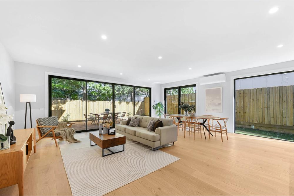 Living area with sliding doors opening to the rear yard, Bentleigh East Development, Bentleigh East