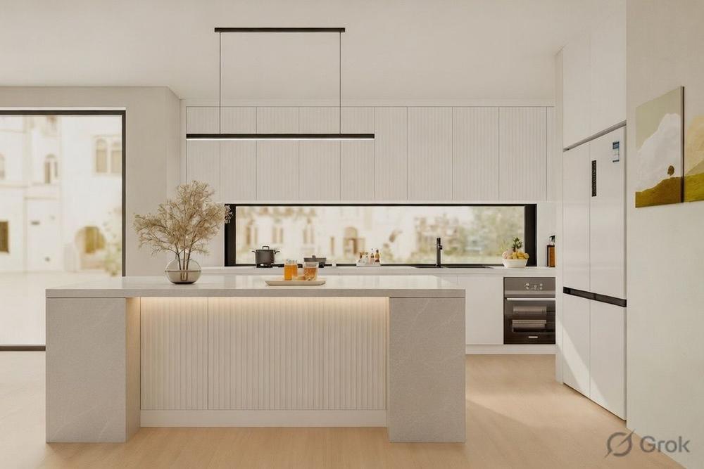 White designer kitchen with island bench, pendant light and integrated oven, Fraser Rise Residence, Melbourne