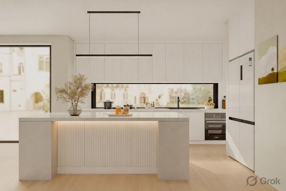 White designer kitchen with island bench, pendant light and integrated oven, Fraser Rise Residence, Melbourne