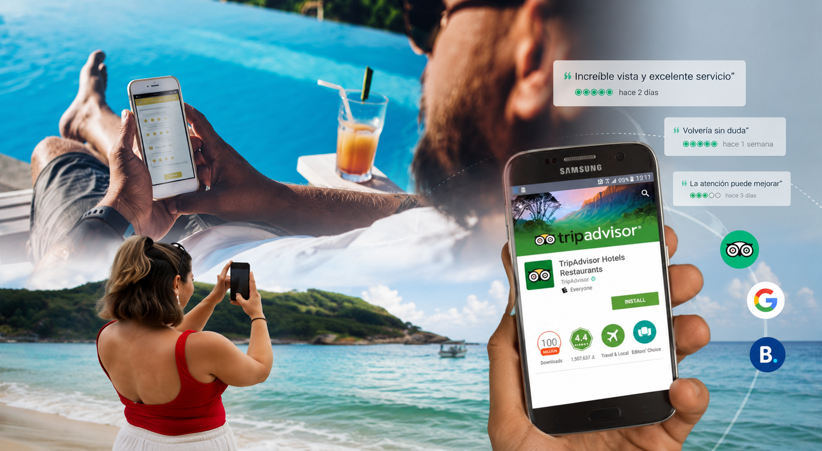 Turistas consultan y publican reseñas digitales desde sus teléfonos en un destino de playa, reflejando la reputación turística en línea.