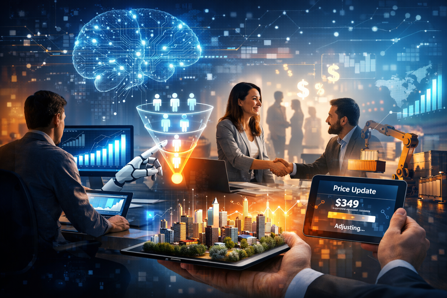 image showing the future of ai-driven revenue for growth and scalable sales showing people, businesses, and AI.