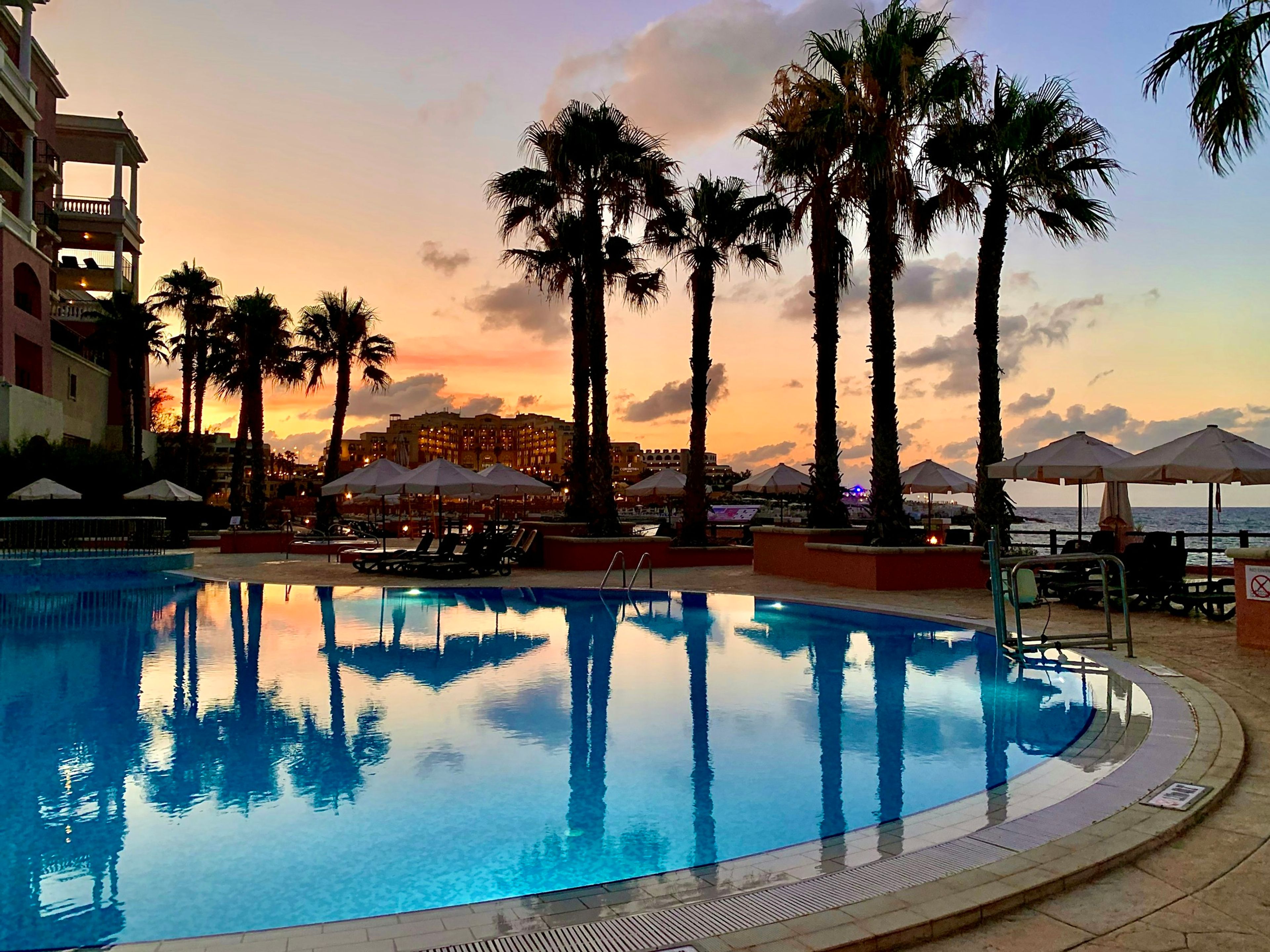 Pool reflecting palm trees at sunset