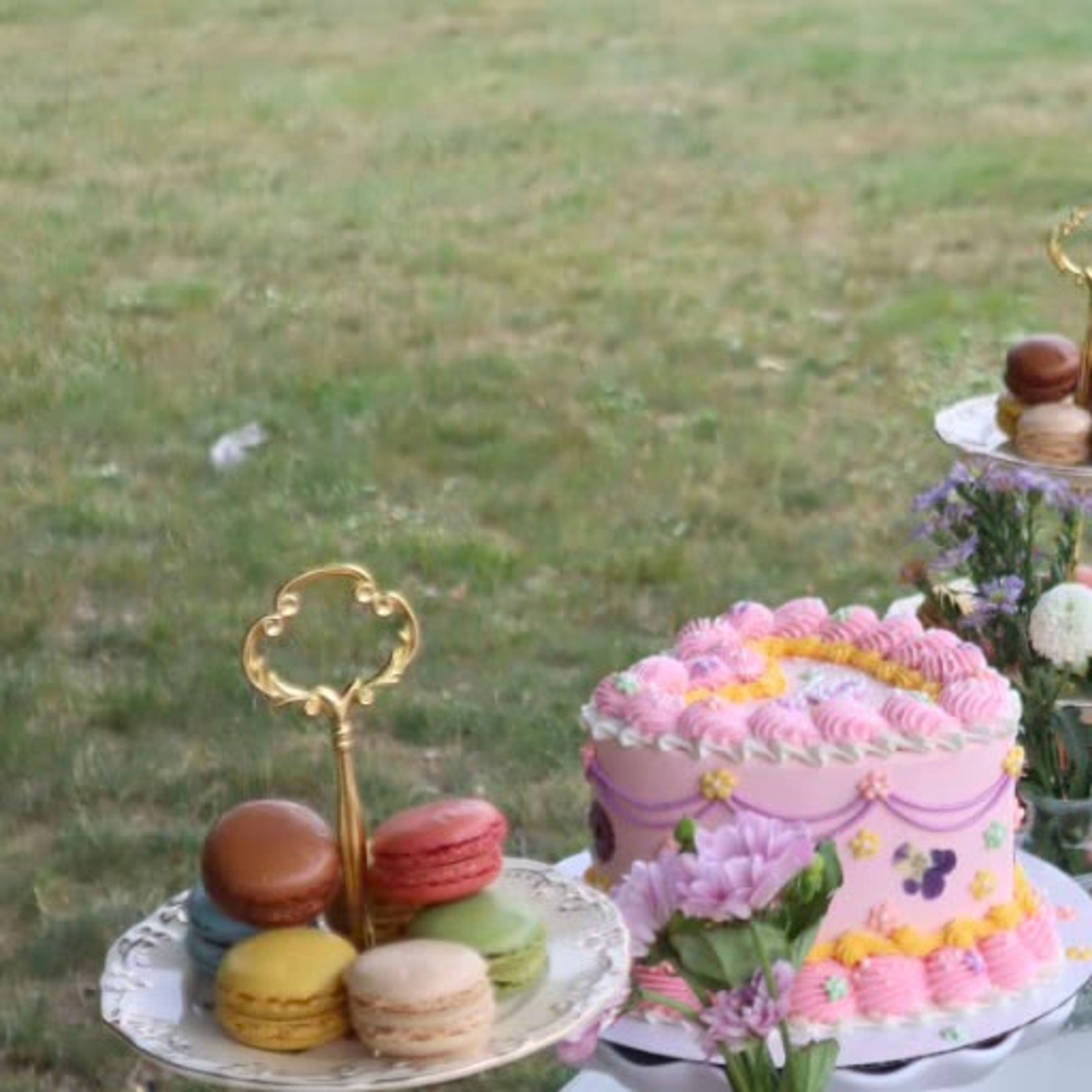 A decorated cake and macarons on a stand in the grass