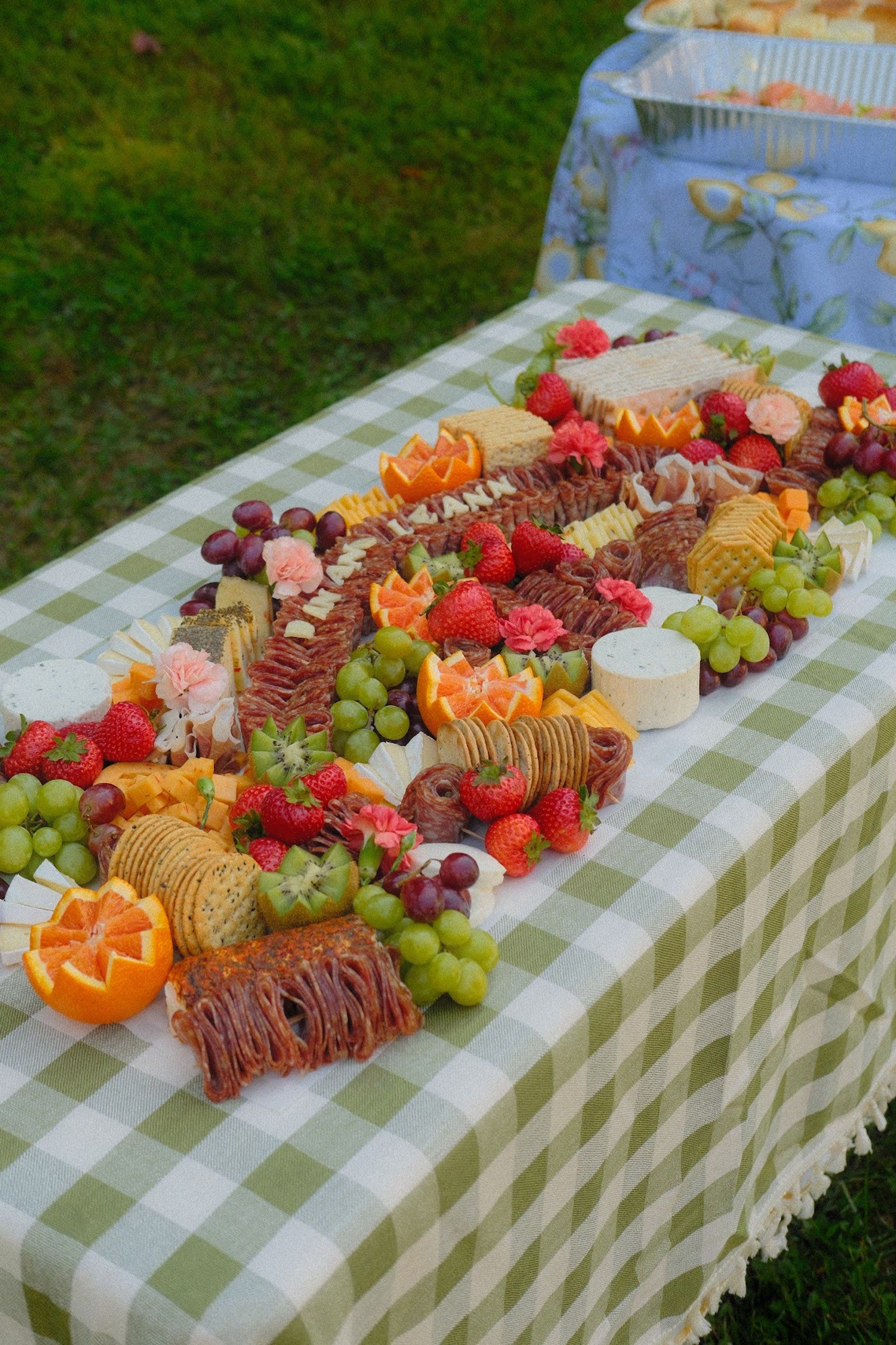 A long grazing table on green gingham set up outdoors