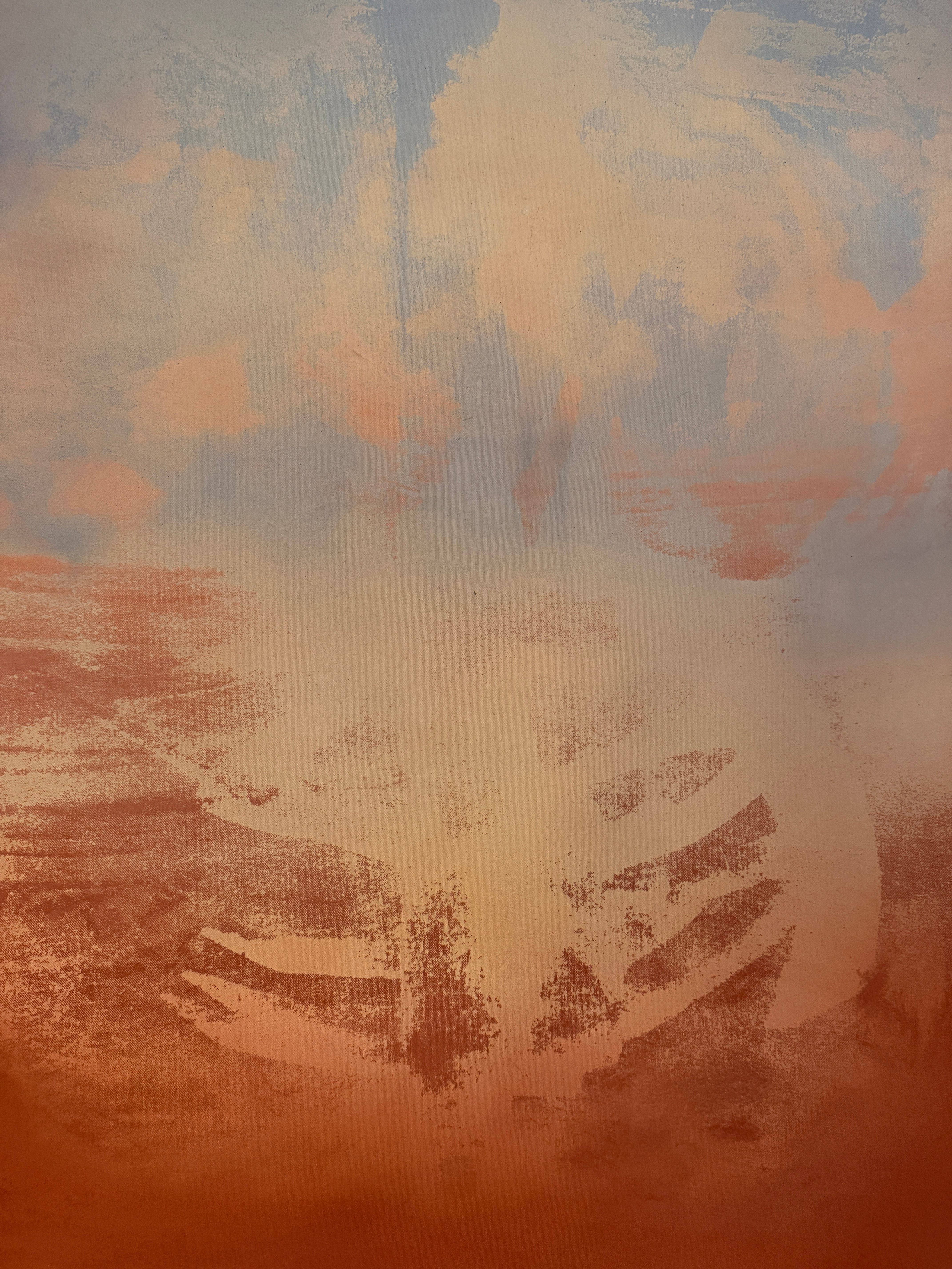 Close up of an abstract painting in a near square format. Soft sky blue at the top dissolves into warm sand and terracotta, with feathery, sweeping strokes in the lower half that suggest wind across dunes.