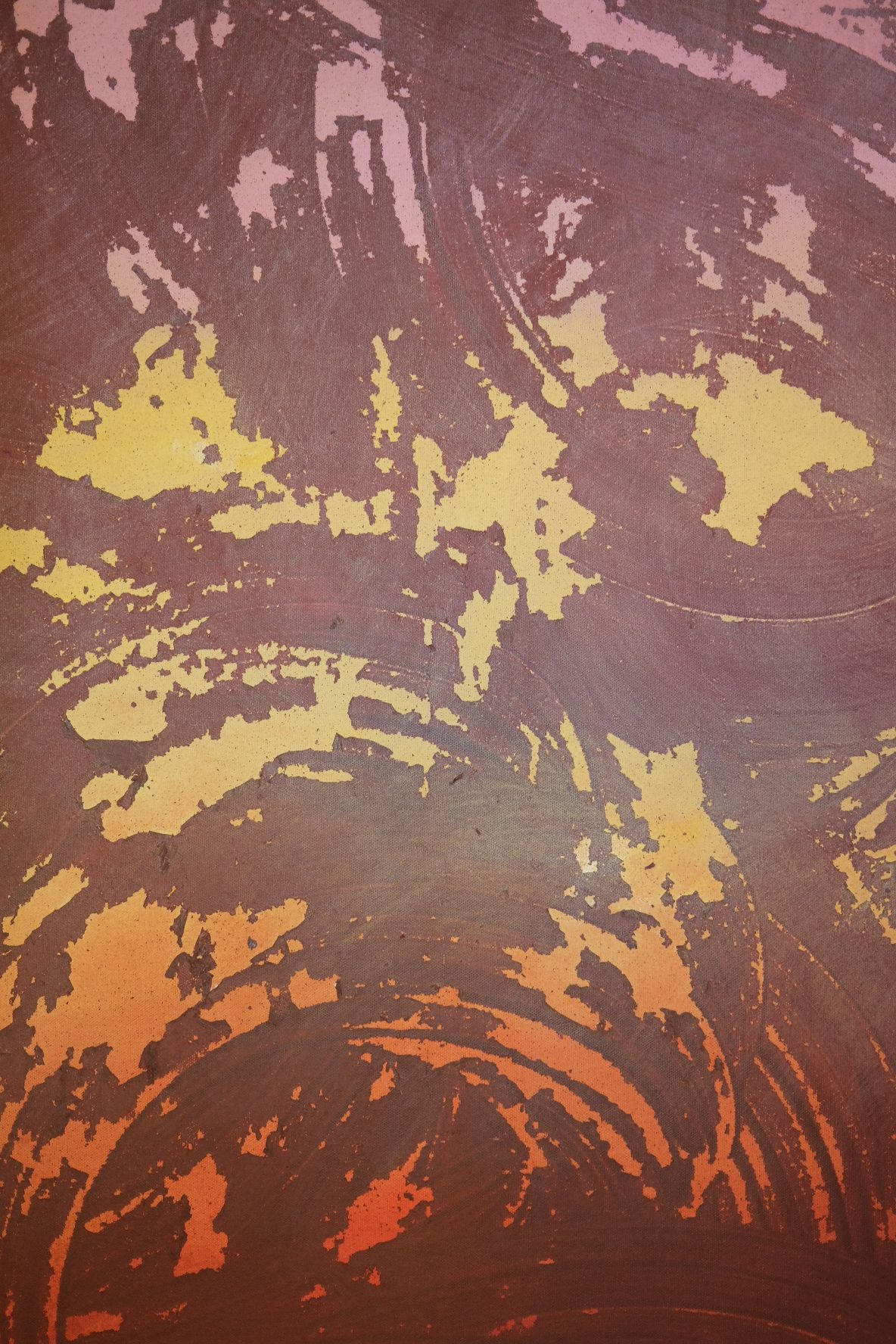 Close up of an abstract painting in portrait format. A dark plum and burgundy ground covered in sweeping circular strokes, with patches of pink near the top, ochre yellow across the middle and glowing orange towards the bottom.