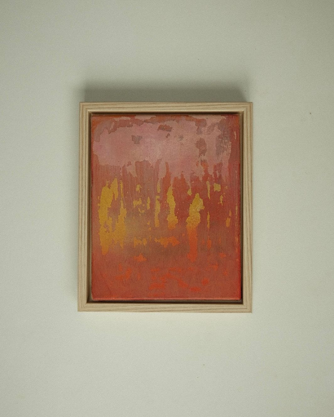 Coral red abstract, pale pink at the top, with yellow streaks running down like drips.