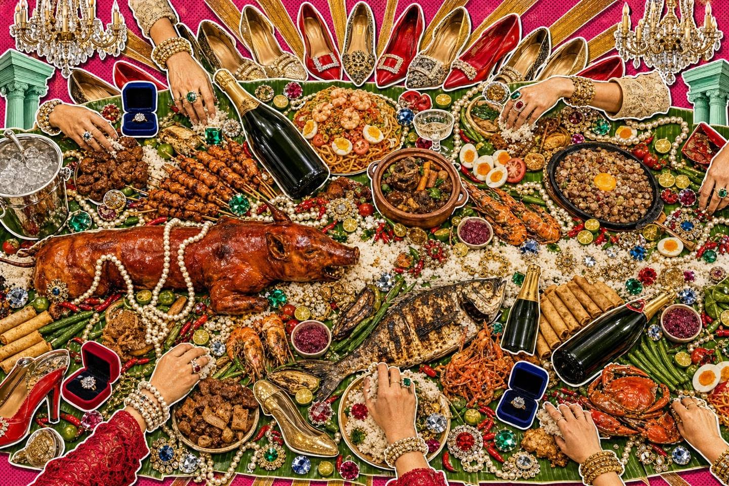Overhead collage of a Filipino boodle fight banquet with jewelled hands reaching in to eat kamayan style