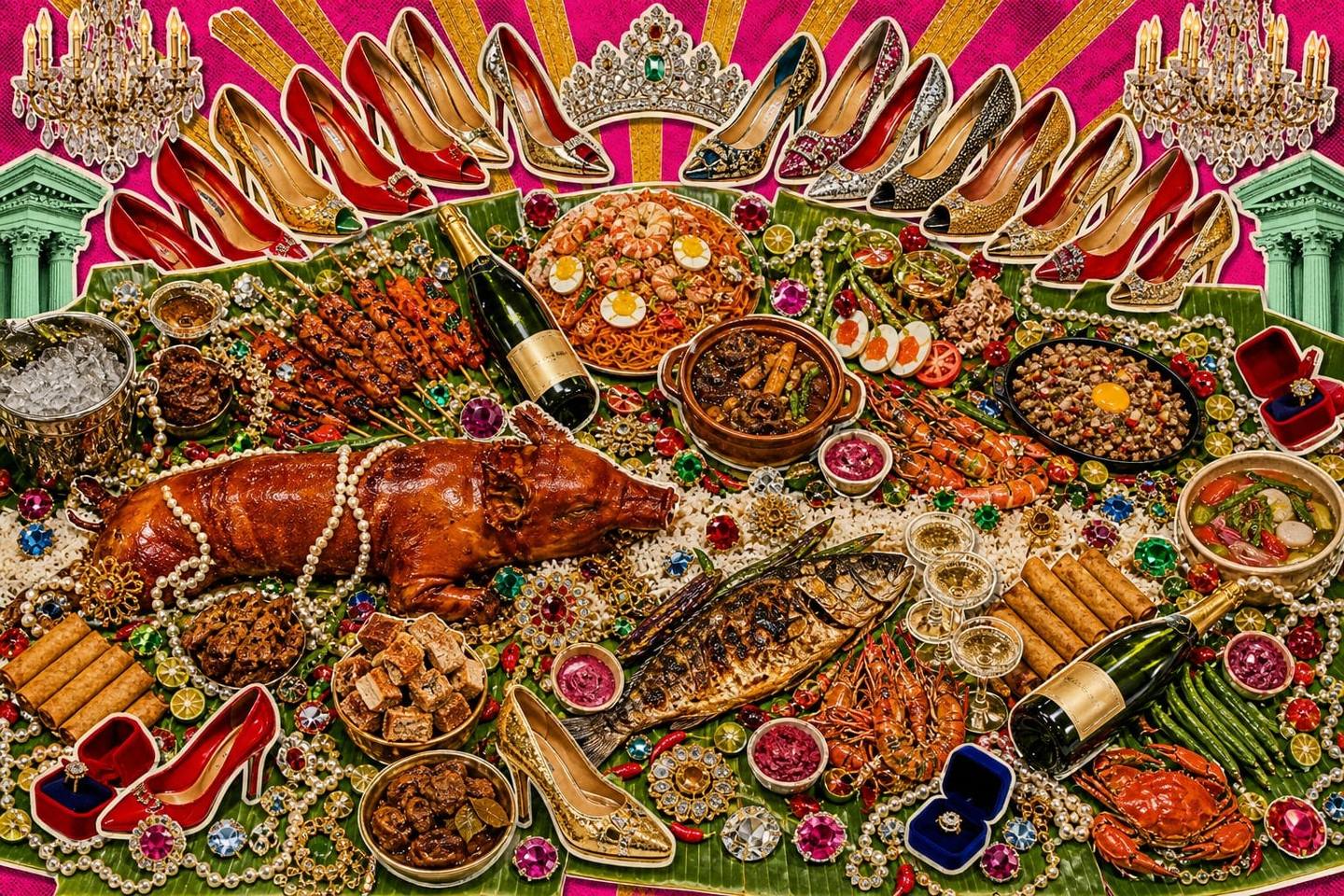 Overhead collage of a Filipino boodle fight banquet on banana leaves, framed by a fan of high heels, chandeliers and gold sunburst rays