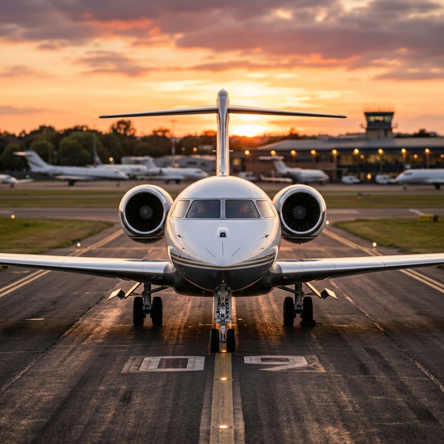 Airplane nose-on during golden hour