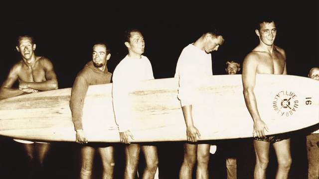 Greg Noll, far right, with LA County lifeguards, around 1958