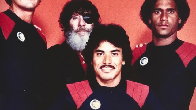(L to R) Shaun Tomson, Jack O'Neill, Reno Abellira, Dane Kealoha, 1980