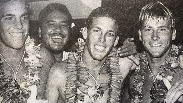 (L to R) Shea Lopez, unknown, Andy Irons, Pancho Sullivan, Tahiti, mid 1990s