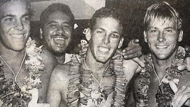 (L to R) Shea Lopez, unknown, Andy Irons, Pancho Sullivan, Tahiti, mid 1990s
