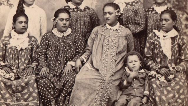 Tahitian women in missionary-inspired "mother hubbard" dresses