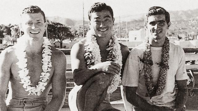 Honolua Bay pioneers (L to R) Wally Froiseth, Russ Tataki, and George Downing