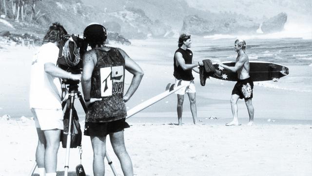 Ira Opper (center left) filming Cheyne Horan, Barbados, 1989. Photo: Frontline